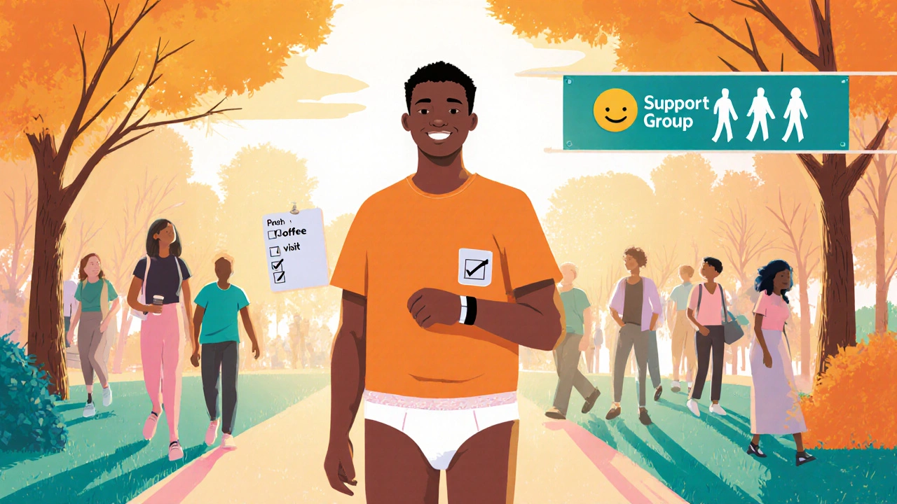 A confident individual enjoys an outing, wearing discreet protection and supported by friends.