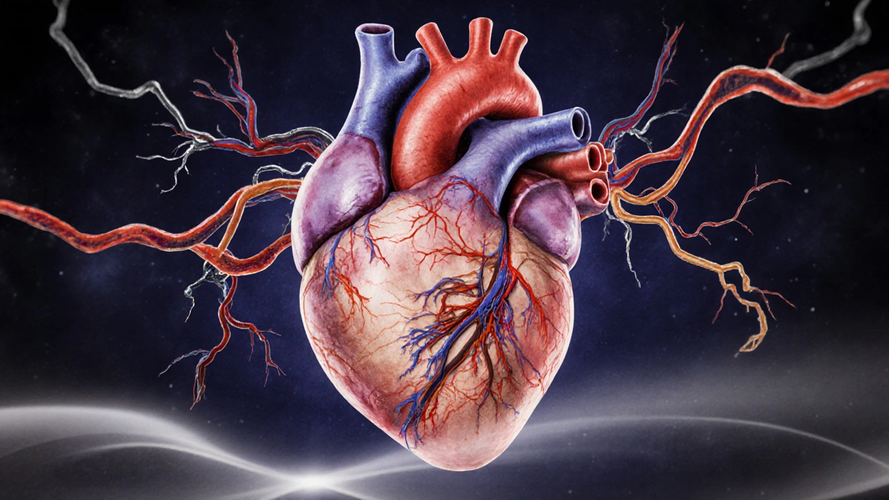Artistic heart surrounded by swirling glucose and fatty acids forming scar tissue.