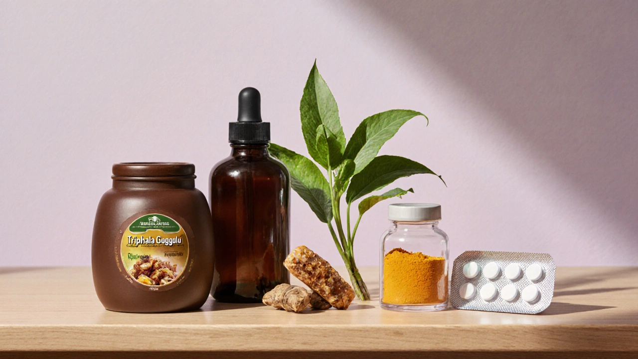 Assortment of herbal and pharmaceutical supplements arranged on a bench, showing different forms.