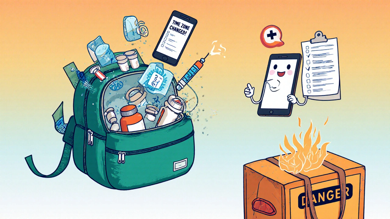 Carry-on bag spilling meds mid-air, phone alerting time zone change, medical icon guiding.