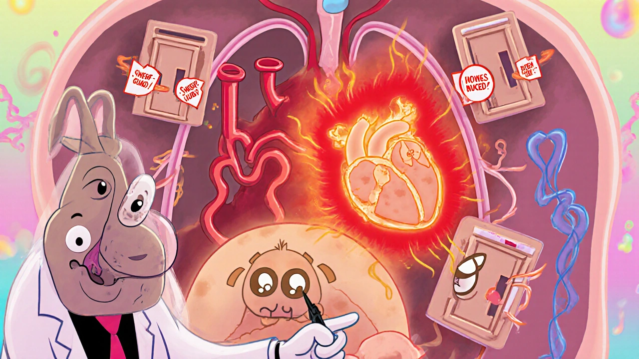 Cartoon interior body showing blocked receptors, sleepy sweat glands, and a fast‑beating heart.