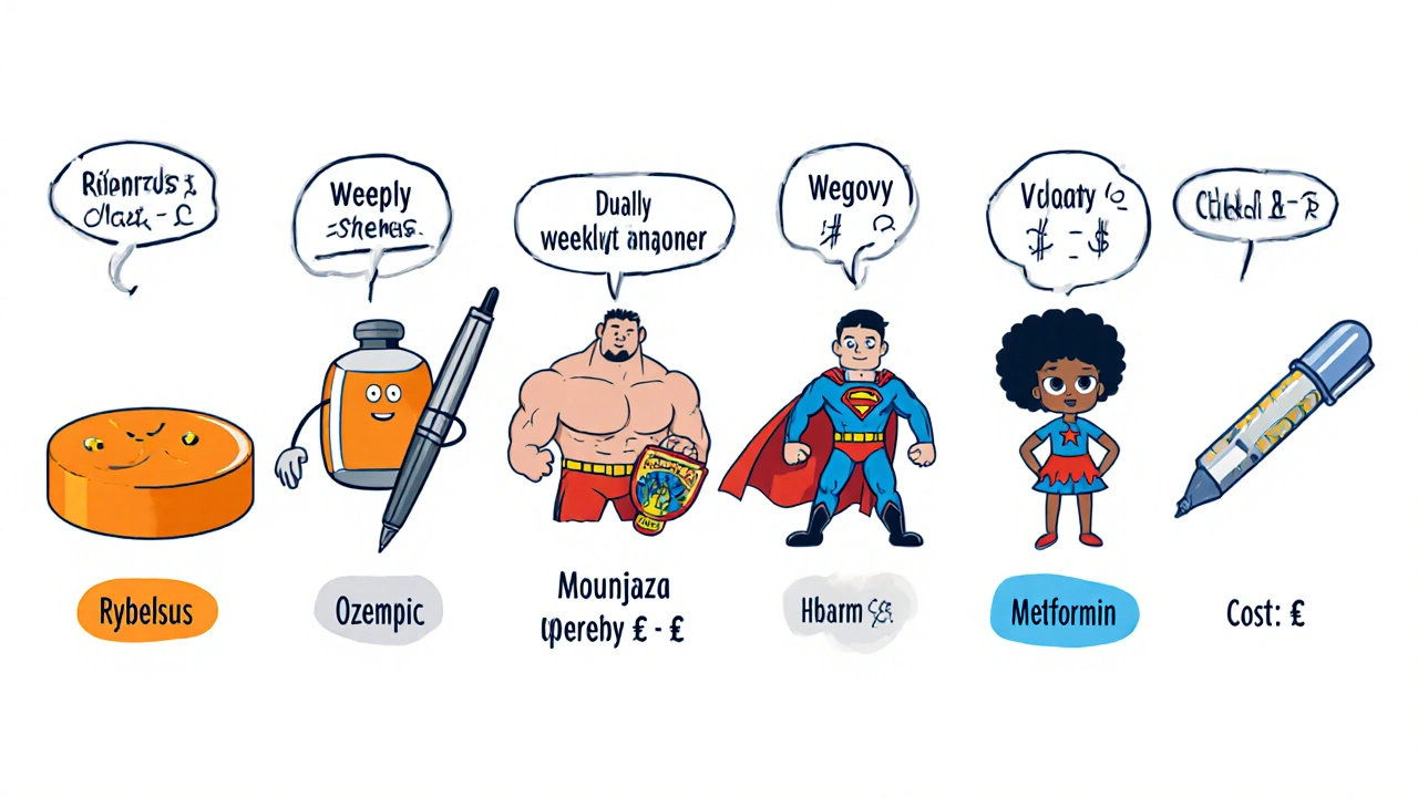 Cartoon lineup of GLP‑1 drugs as characters with stats shown in speech bubbles.