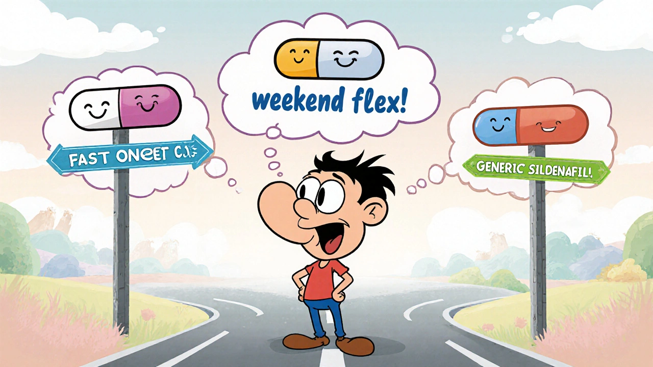 Cartoon man at a crossroads with signposts and thought bubbles pointing to different ED pills.