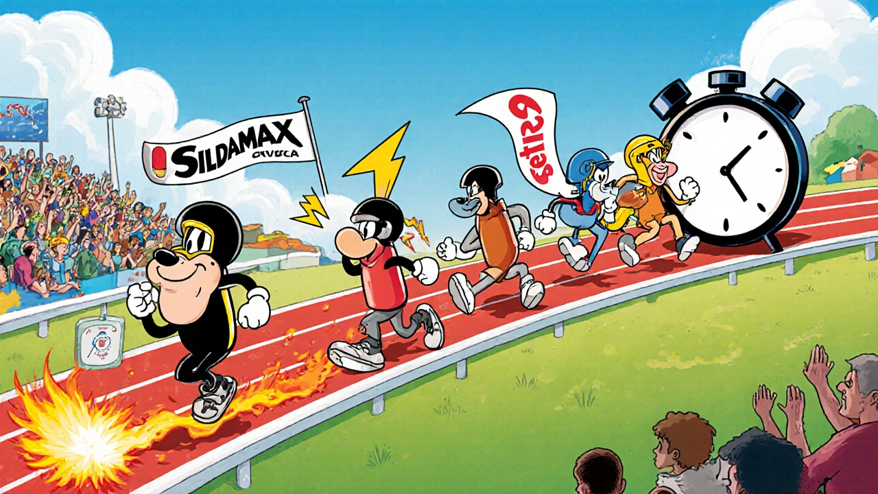 Cartoon race track with pill characters racing, showing speed and duration differences.