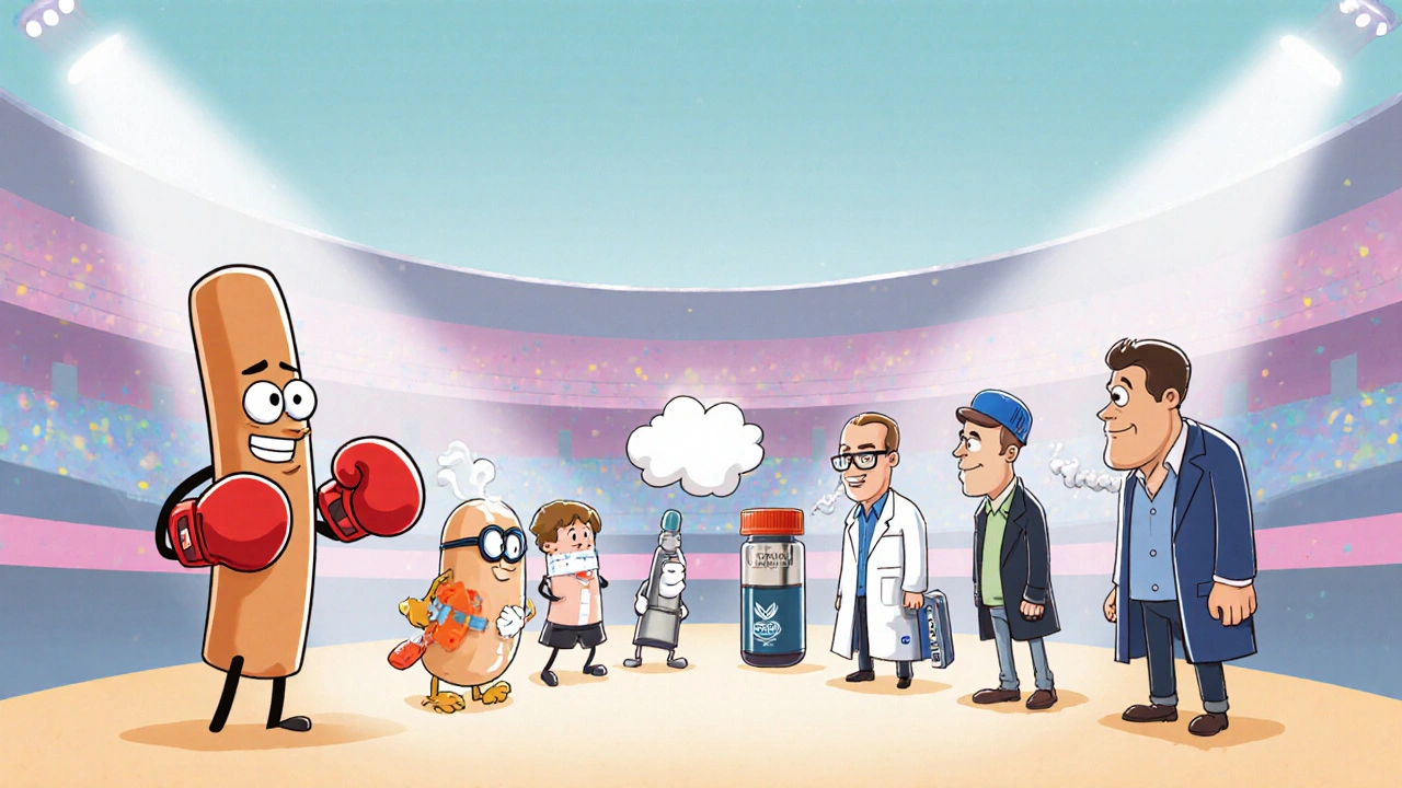 Cartoon showdown of Nicotinell gum versus patch, lozenge, vape, pouch, and tablets.