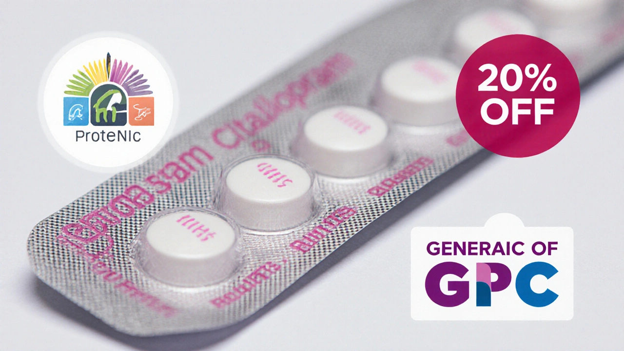Close‑up of generic citalopram tablet pack showing MHRA and discount badge.