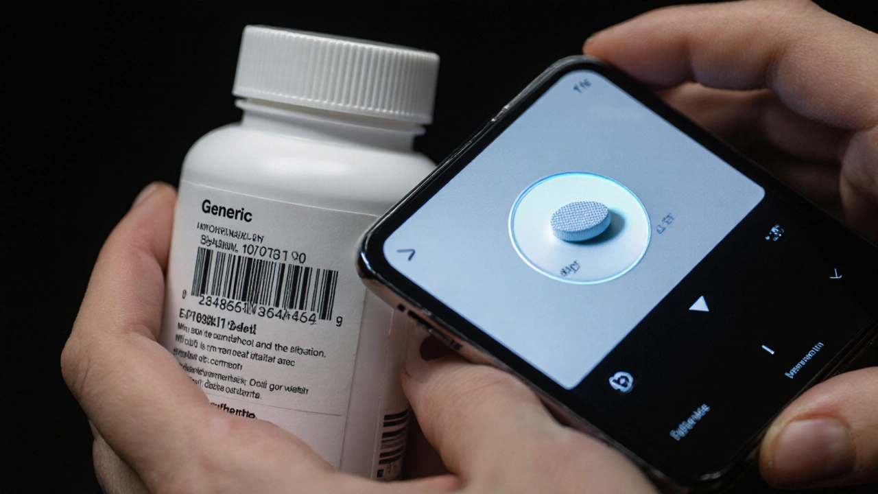 Close-up of ivermectin bottle and smartphone scanning barcode for verification