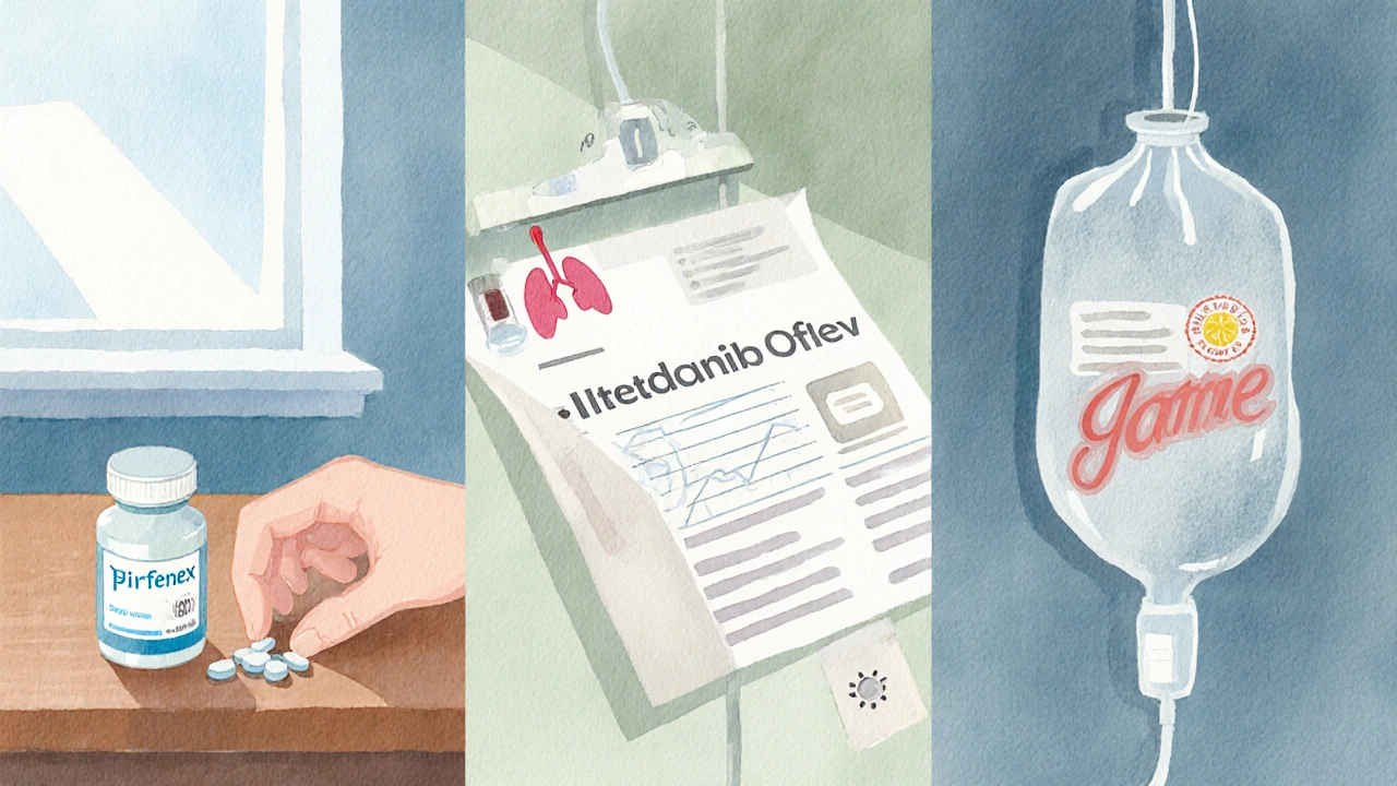 Desk scene with Pirfenex tablets, Nintedanib capsules, and an IV bag representing IPF medication options.