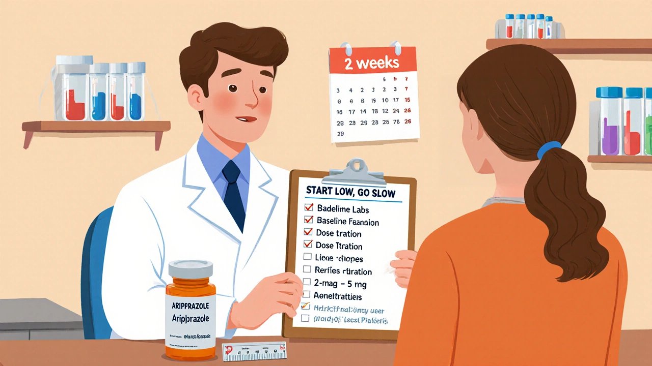 Doctor and patient reviewing a mood‑stabilization checklist with lab tubes, pill bottle, and dosage ladder.