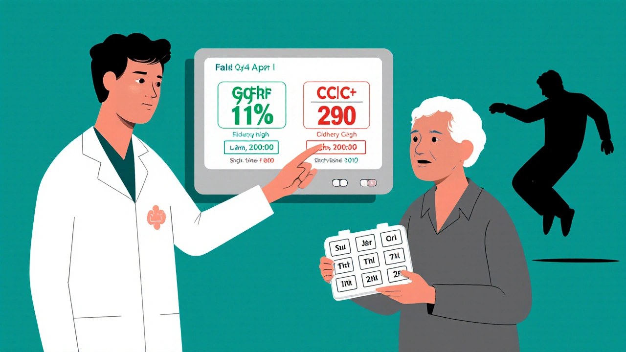 Doctor explaining conflicting kidney function numbers to an elderly patient with pill organizer and fall risk shadow.