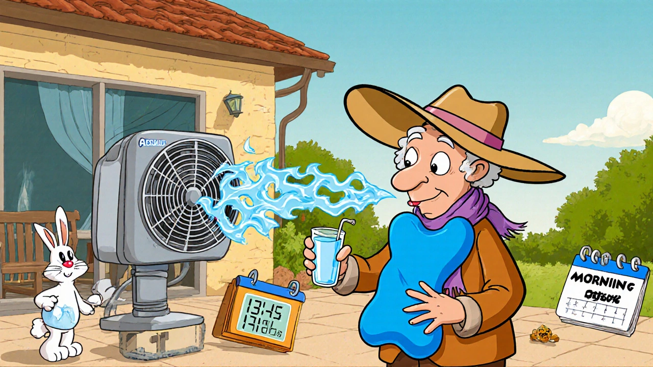Elderly cartoon character staying cool with water, fan hat, and cold pack on patio.