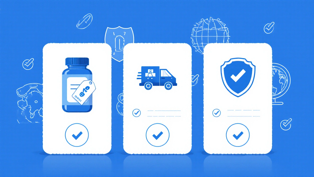 Flat illustration of three pharmacy cards with price, shipping, and accreditation icons