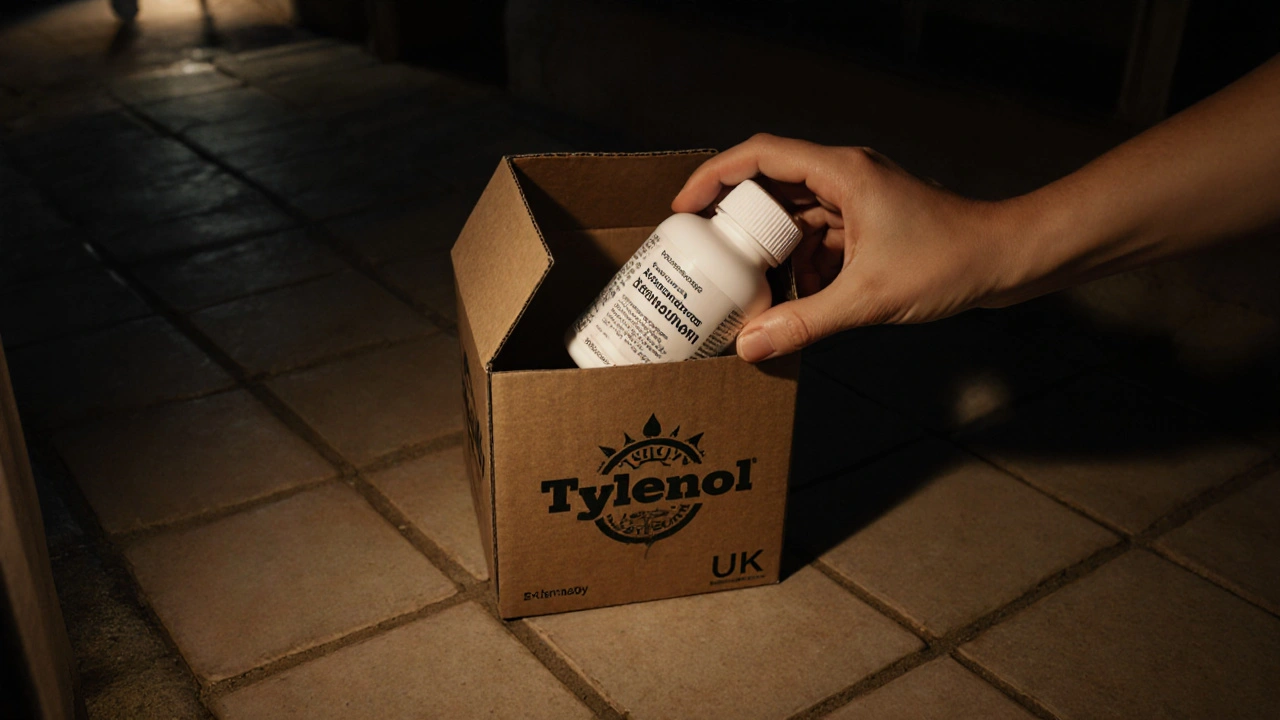 Hand opening a sealed pharmacy box revealing a branded acetaminophen bottle.