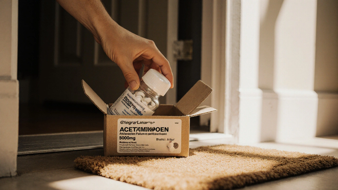 Hand receiving a delivery box containing a sealed bottle of generic acetaminophen tablets.