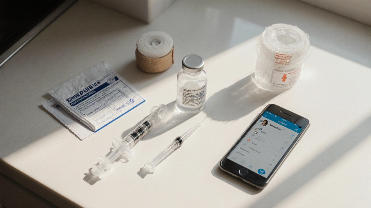 Home infusion kit with factor vial, syringe, ice pack and tourniquet on a kitchen table.
