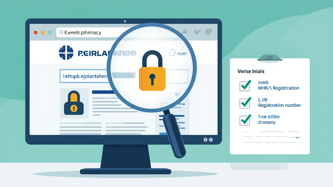 Illustrated checklist on a computer screen highlighting website legitimacy features.