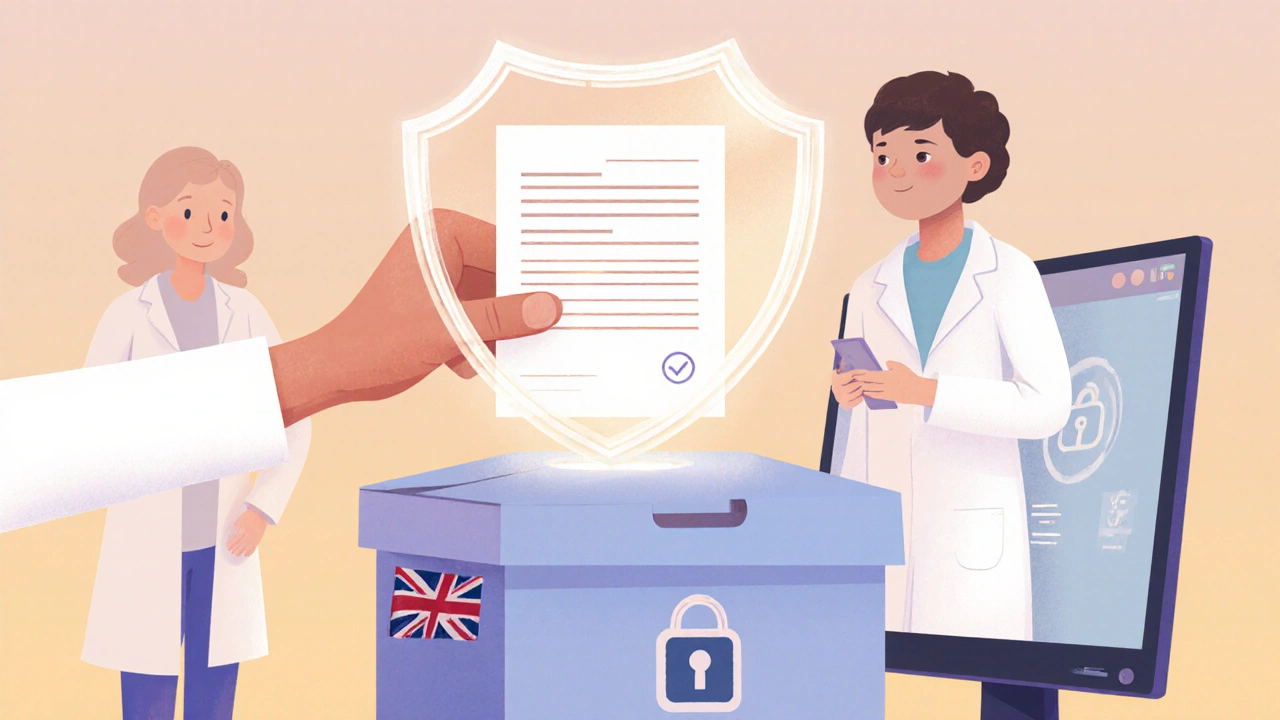 Illustration of a hand placing a prescription into a shield above a delivery box with a pharmacist.