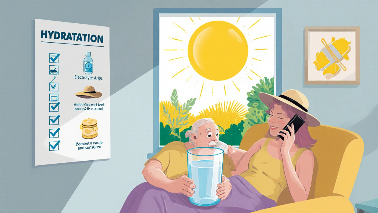 Older adult drinking water indoors, with friend calling and checklist of heat safety tips.