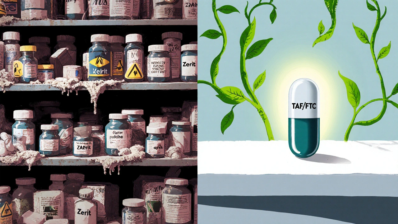 Outdated HIV pills on a dusty shelf contrasted with a modern single-pill treatment surrounded by growing vines.