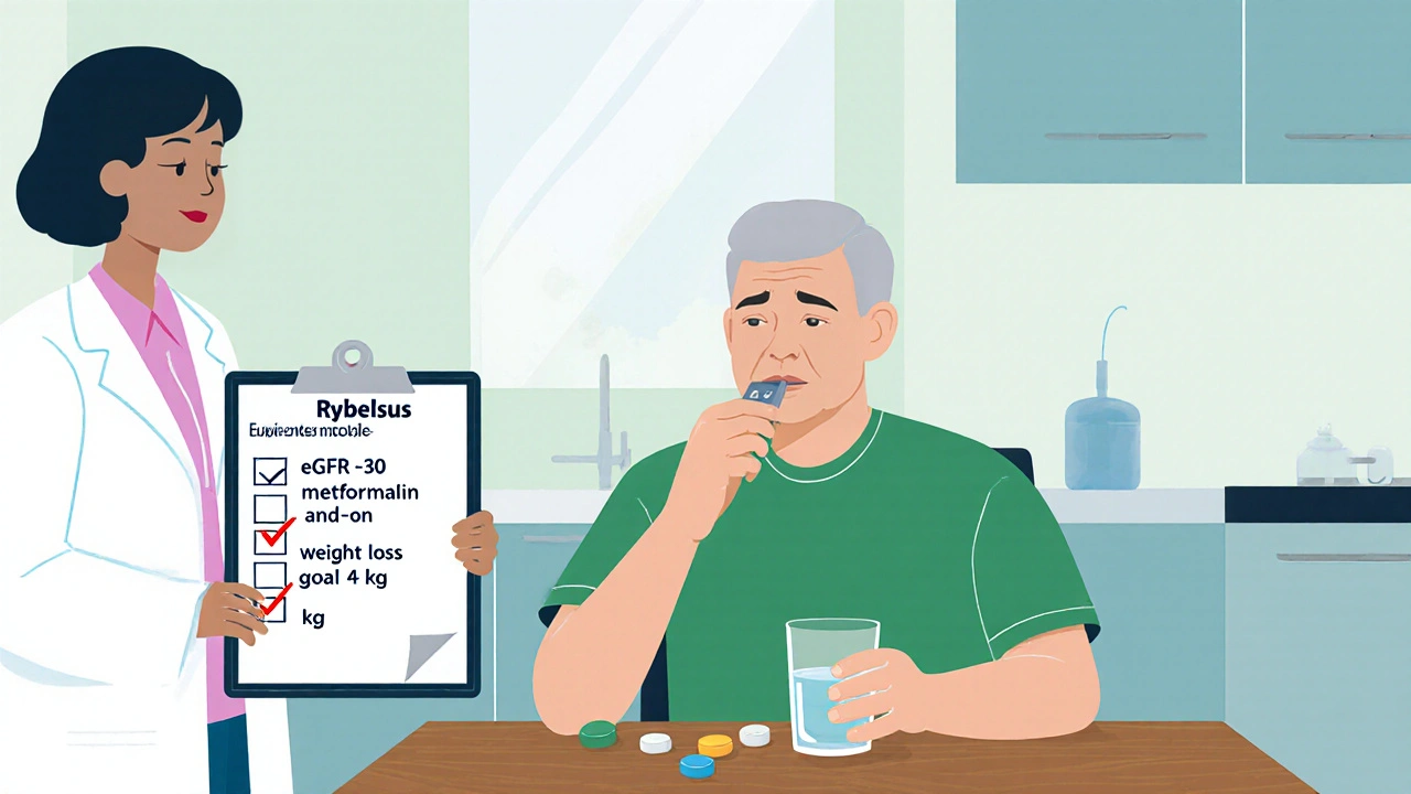 Patient happily taking Rybelsus tablet while a crossed‑out needle and doctor checklist appear.