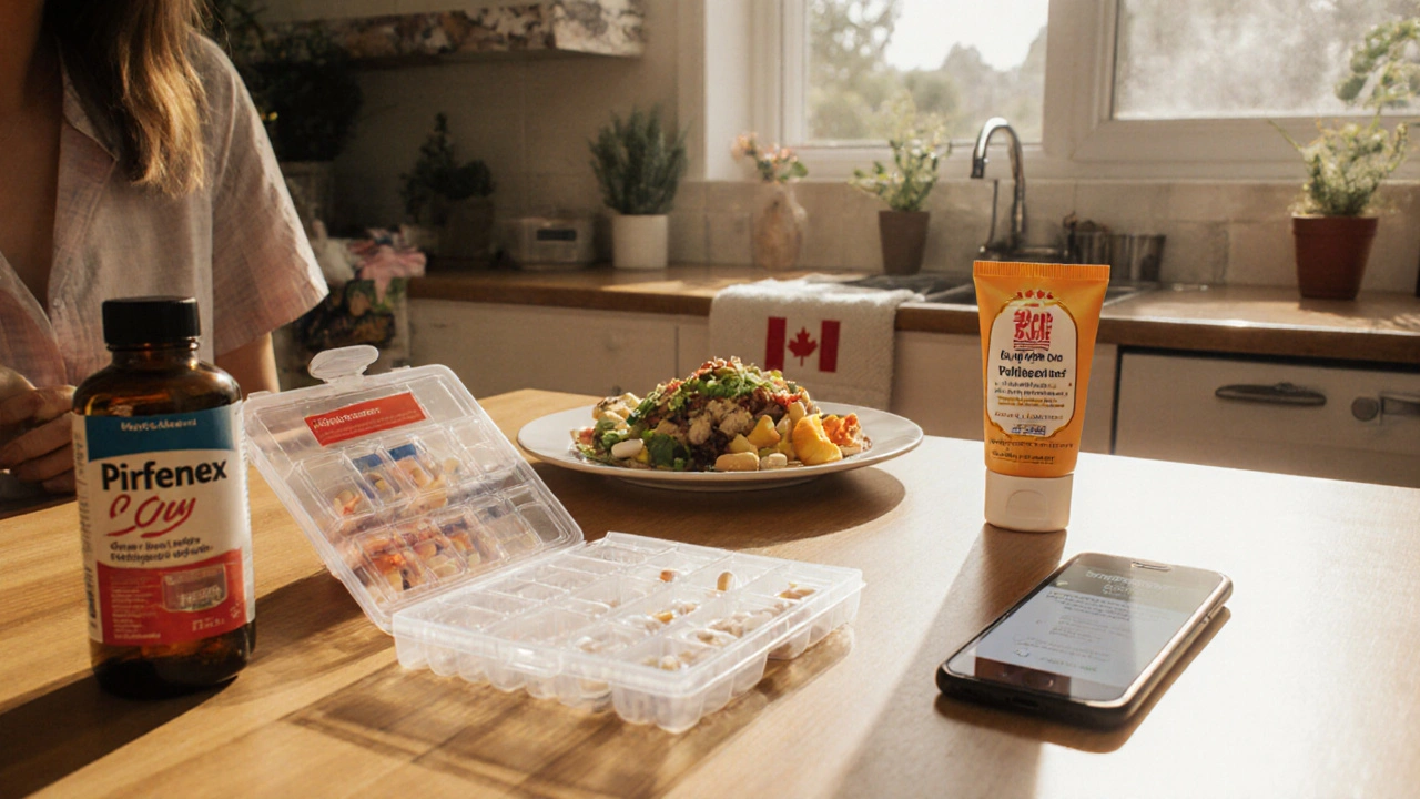 Patient organizing Pirfenex doses at a kitchen table, applying sunscreen and checking a phone reminder.