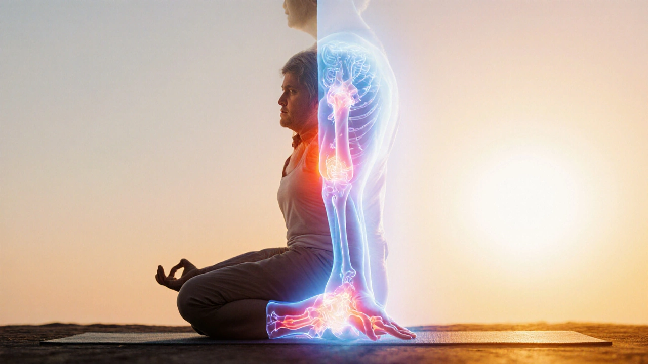 Person practicing yoga with one side's joints glowing healthy, the other side inflamed, illustrating supplement benefits.