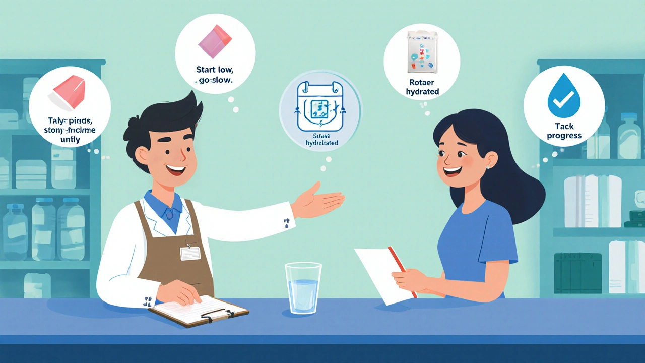 Pharmacist advising a customer, with floating icons of quitting tips.