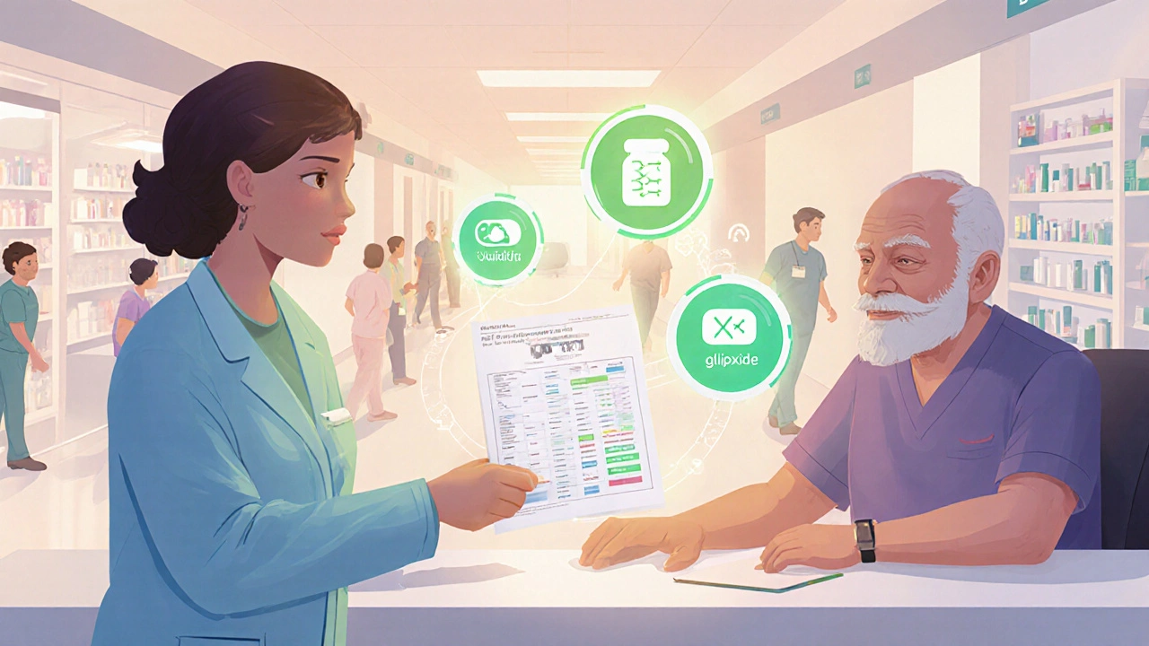 Pharmacist giving personalized dosing chart to elderly man with AI calculations and safe/unsafe drug icons.