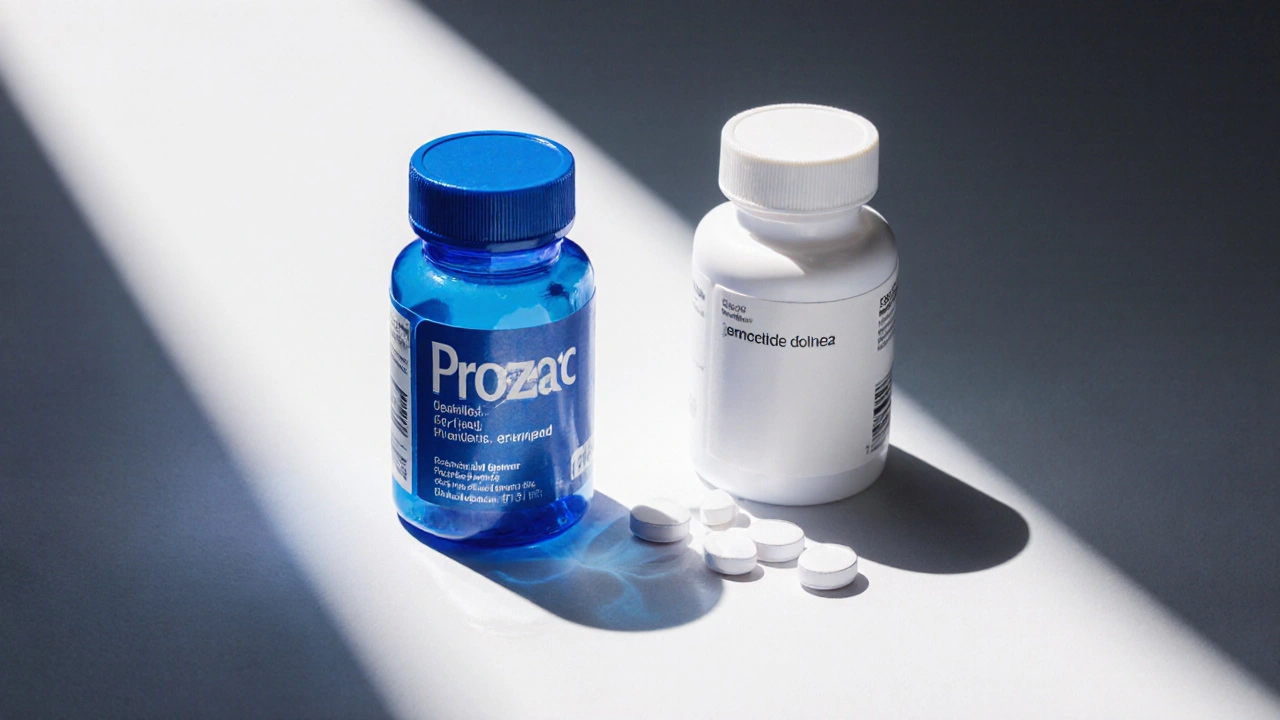 Side‑by‑side view of a blue Prozac bottle and a plain generic fluoxetine bottle.