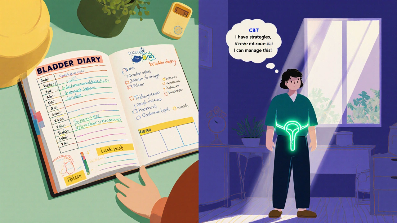 Someone logs a bladder diary and performs pelvic floor exercises with a CBT thought bubble.