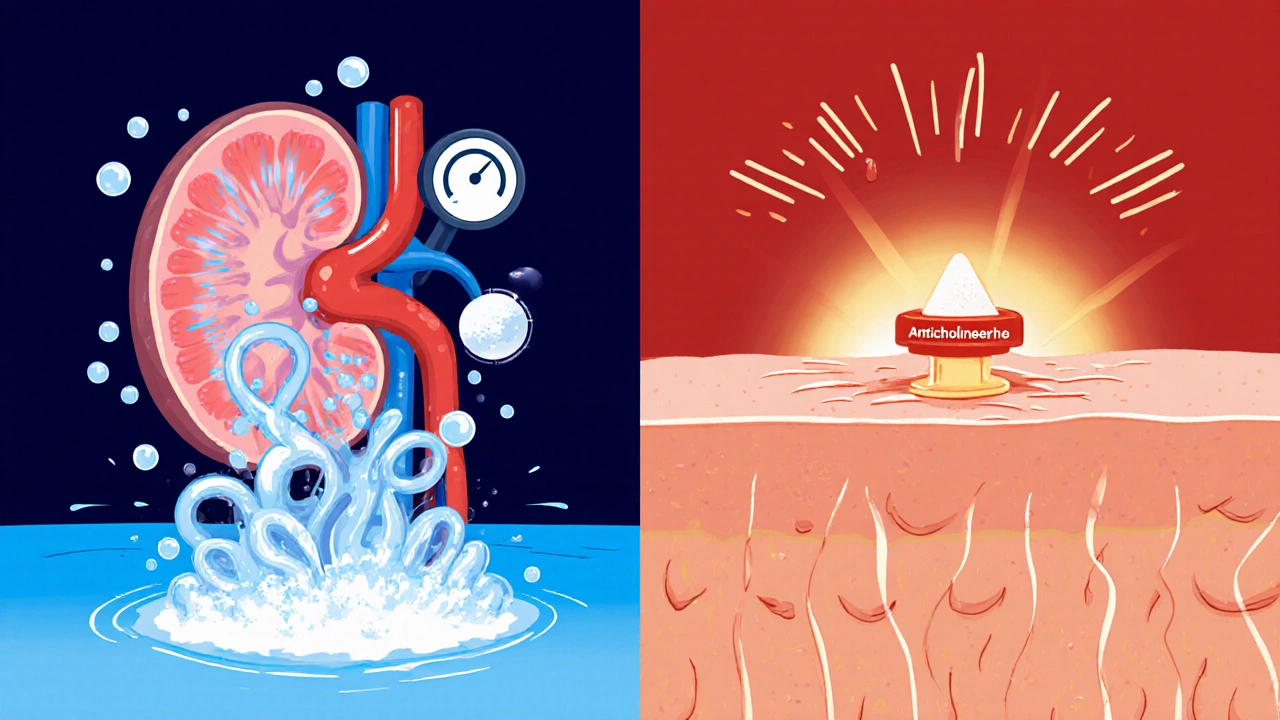 Split illustration of a kidney losing fluid and a blocked sweat gland showing medication effects.