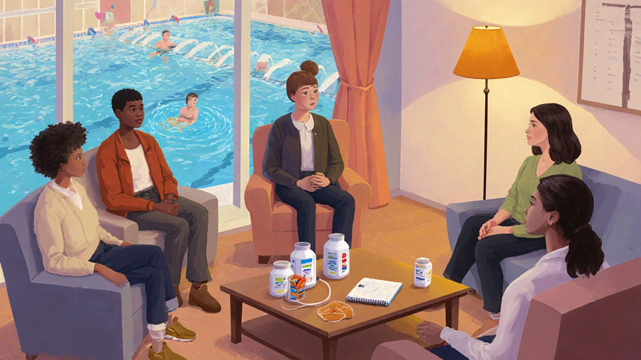 Support group gathering with friends, infusion supplies, and a pool view, showing active, supportive lifestyle.