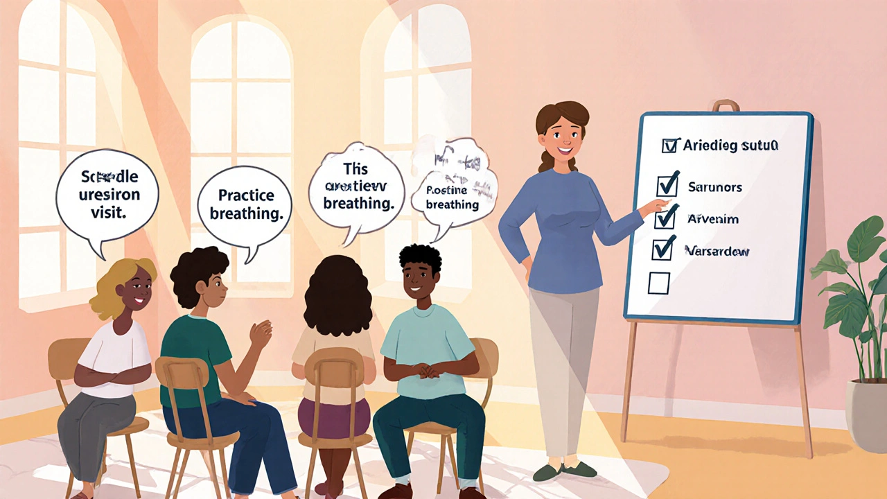 Support group meeting with therapist and checklist board in a bright room.