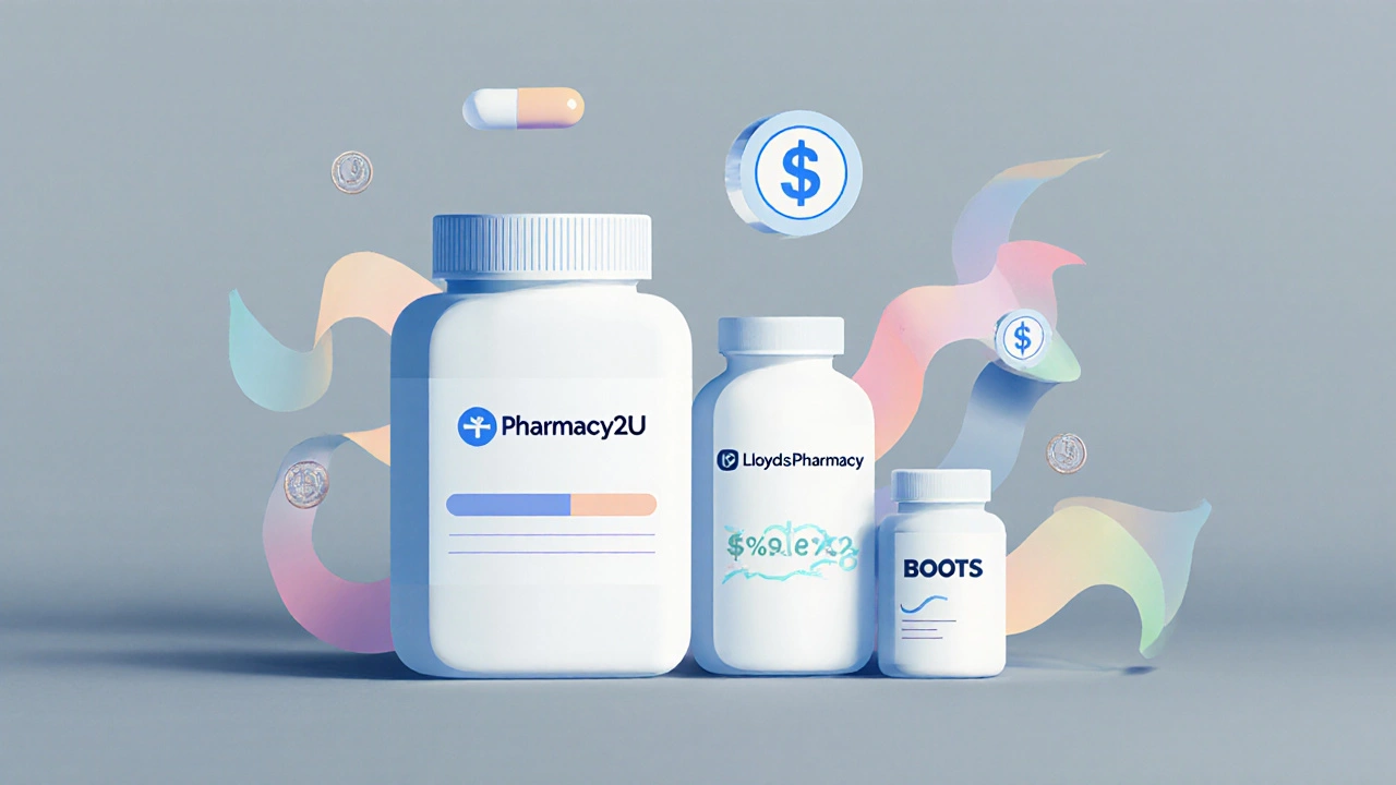 Three generic pill bottles labeled with pharmacy logos and price icons on a flat surface.