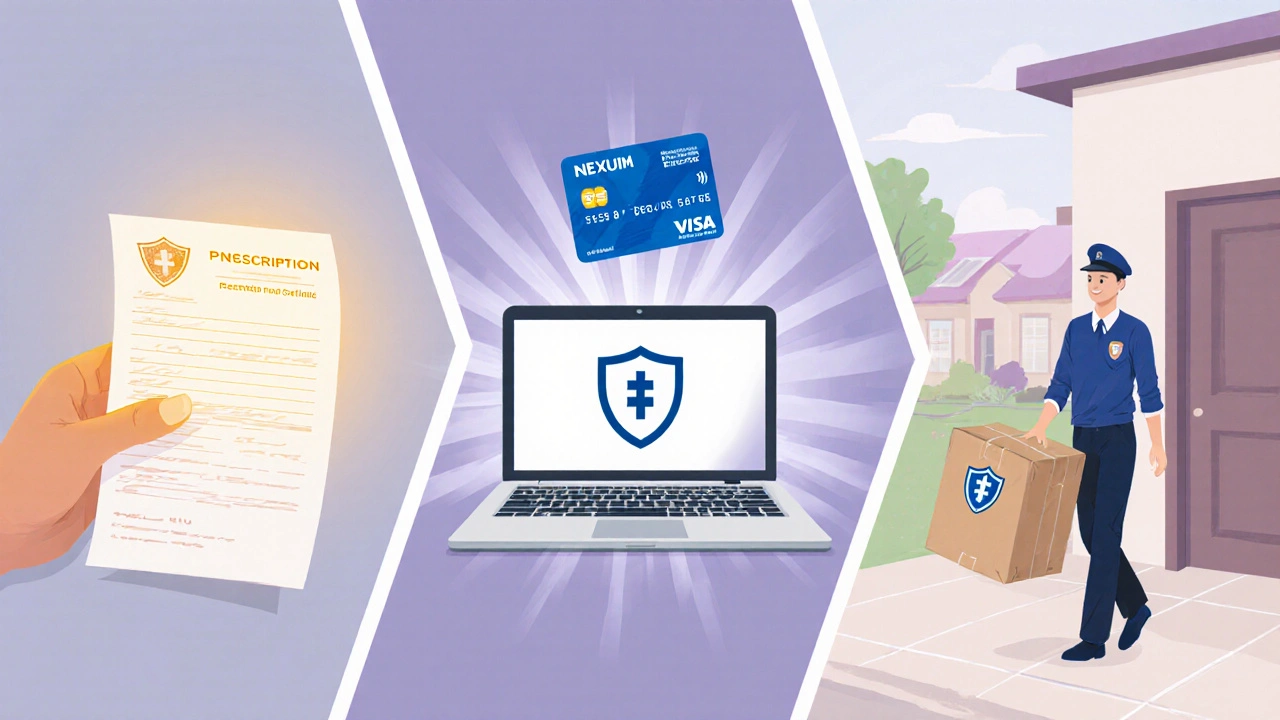 Three-step illustration: prescription, secure online order, and safe delivery of generic Nexium.