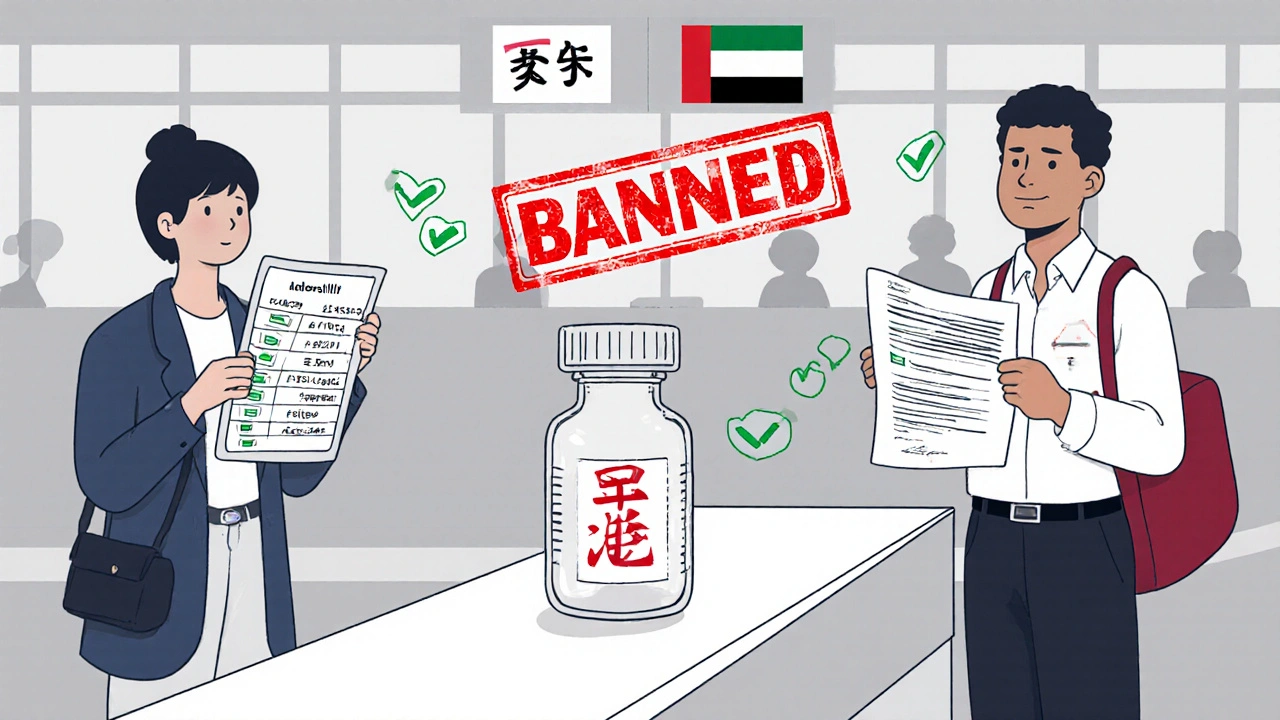 Travelers at customs with translated medication list, banned stimulant stamp visible.