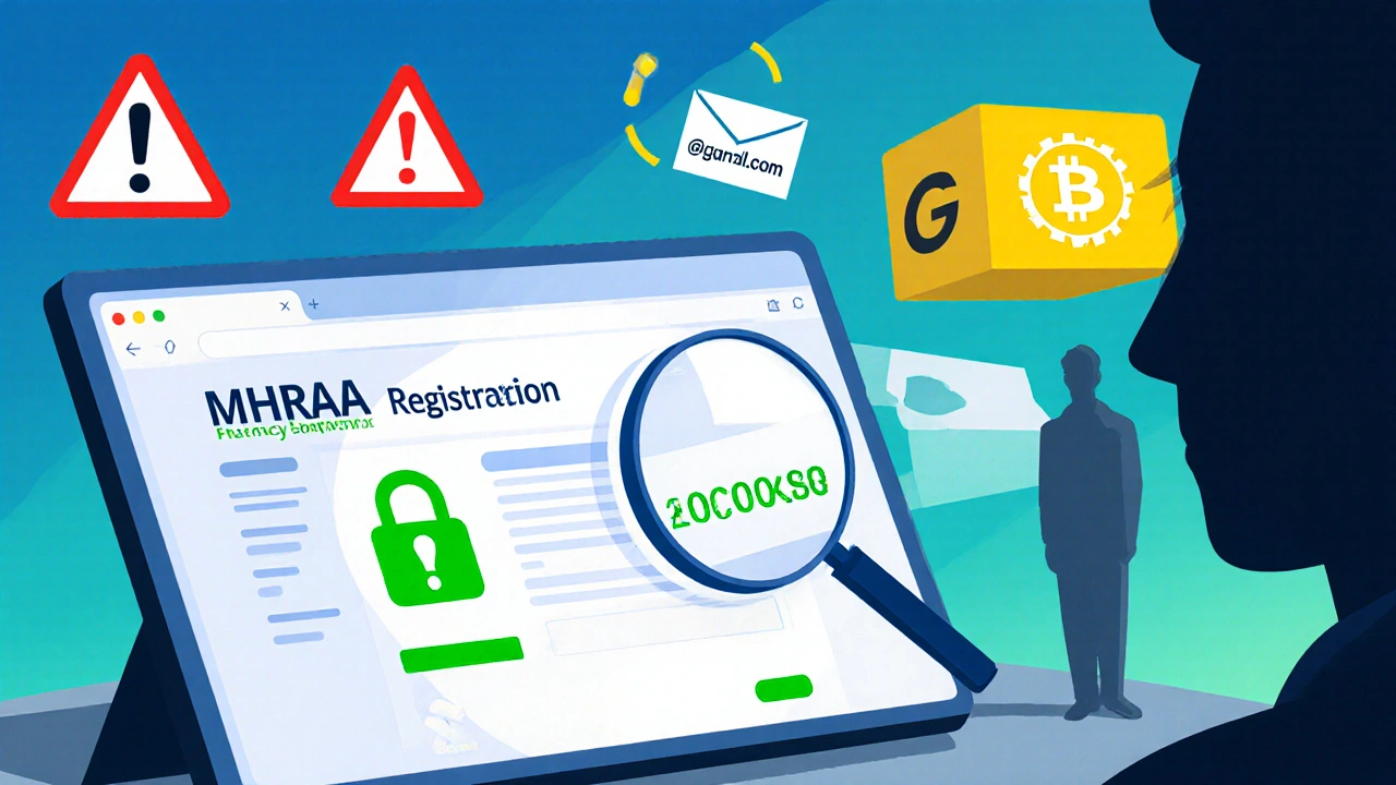 User examining a tablet with magnifying glass over MHRA number, security icons, and scam warnings.