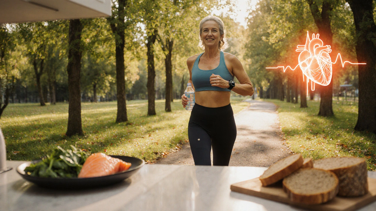 Woman jogging in a park with a subtle glowing heart silhouette indicating good cardiac health.