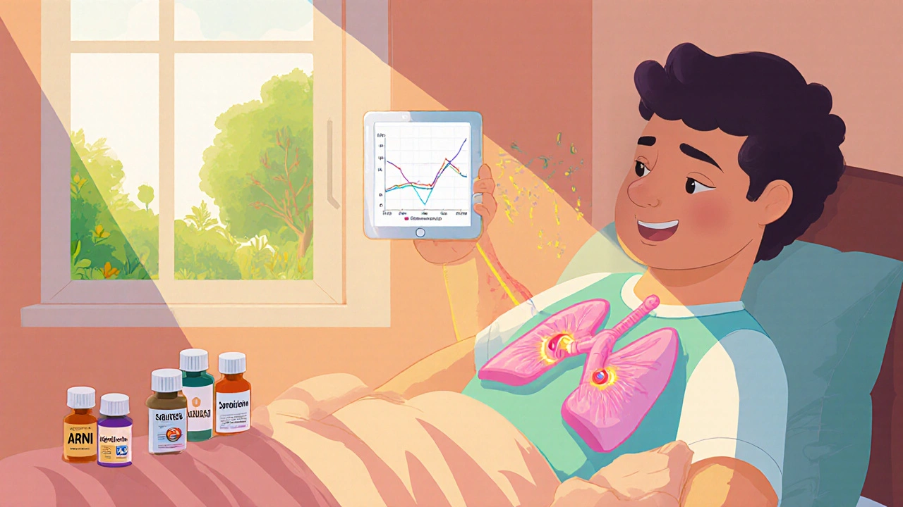 A patient at home with a tiny implanted sensor transmitting heart data to a doctor&#039;s tablet, surrounded by heart failure medications.