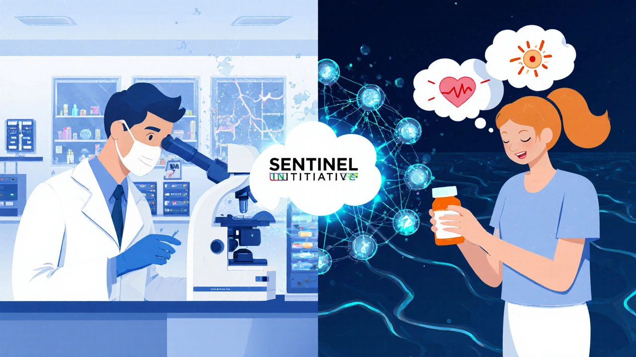 A patient experiences side effects while FDA scientists detect impurities in a lab, connected by a digital health network.