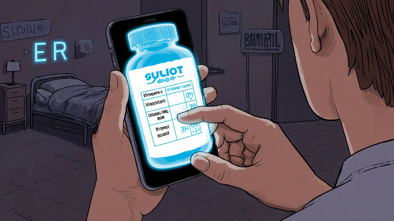 A patient using a phone app to identify a pill, with a digital overlay revealing its equivalence to a brand-name drug.