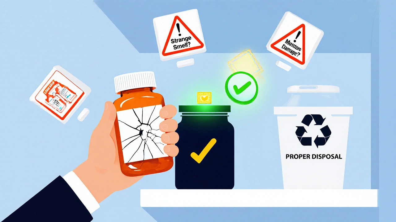 A person questioning expired medication with warning signs, while a smart sensor and proper disposal bin indicate safe practices.