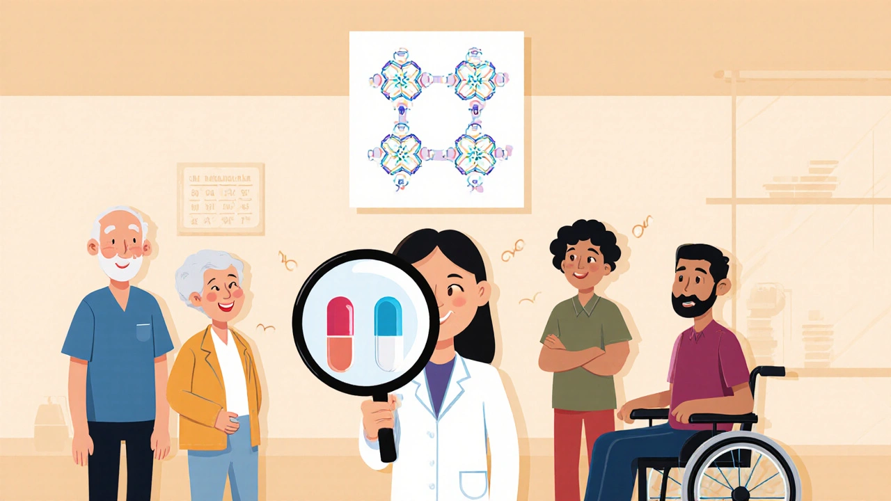 A pharmacist showing a side-by-side comparison of brand and generic pills with a diagram of identical active ingredients.