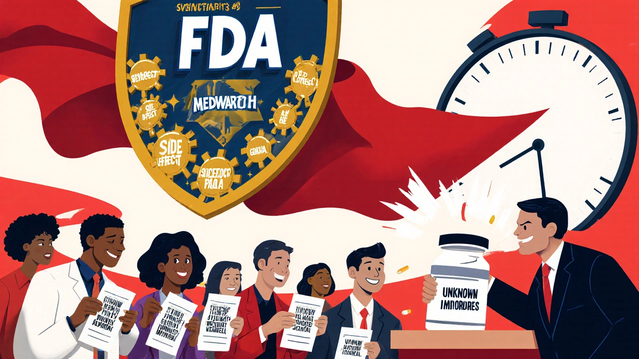 An FDA safety shield made of monitoring systems, with patients reporting side effects and a hidden impurity trying to escape.