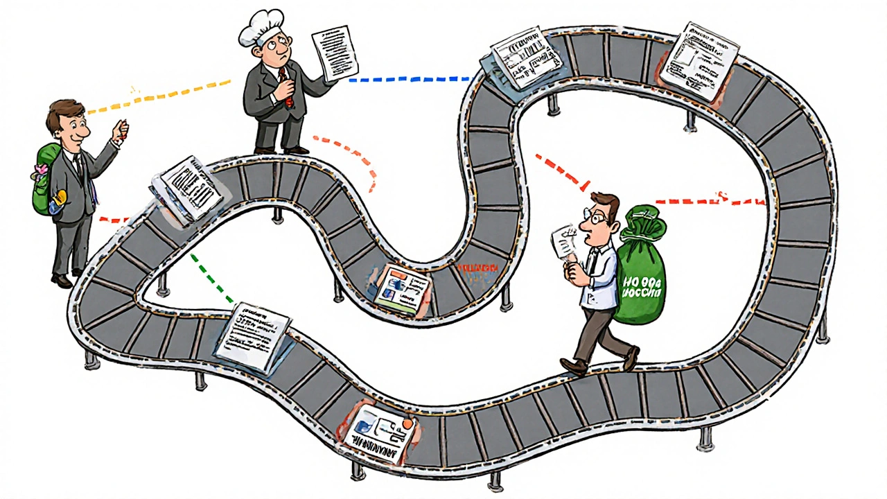 Conveyor belt through four EU drug approval stations, each with a regulator adding paperwork, Indian manufacturer ahead.