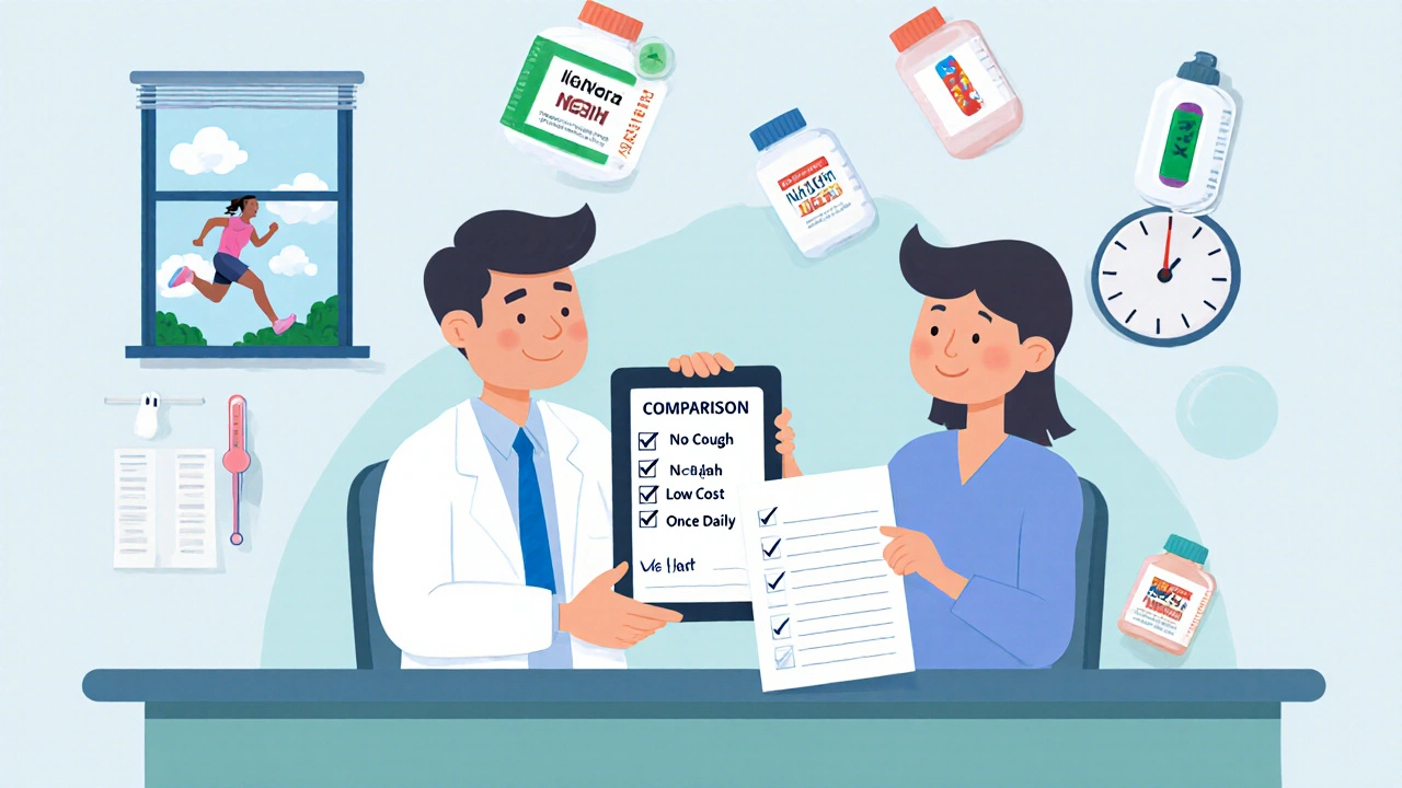 Doctor and patient discussing blood pressure treatment options with medication icons in the background.