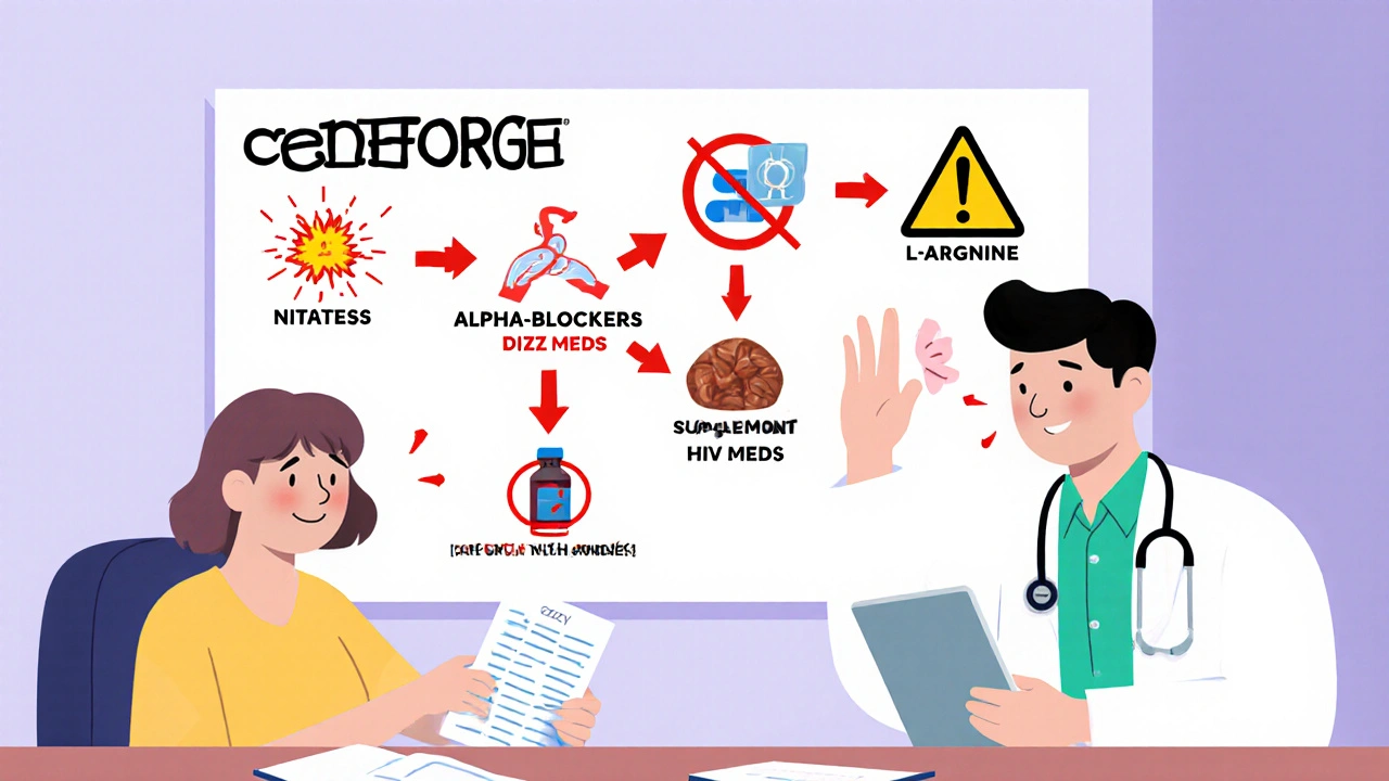 Doctor and patient reviewing drug interaction flowchart, warning symbols for nitrates, alpha-blockers, and supplements.