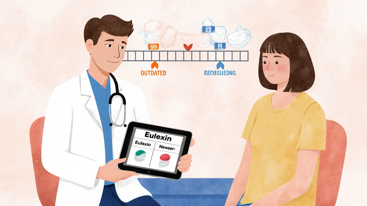 Doctor and patient reviewing treatment options on a tablet with timeline of drug evolution