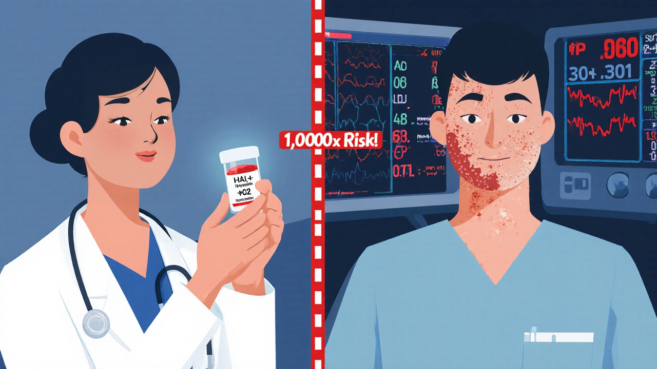 Doctor holding a blood vial with a gene marker next to a patient, showing 1,000x risk of SJS/TEN from a medication.