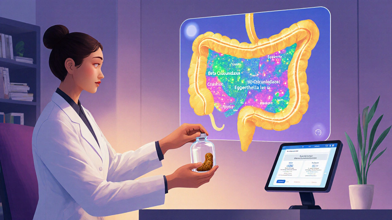 Doctor viewing a holographic gut bacteria map from a stool sample, with enzyme markers and dosage recommendation.